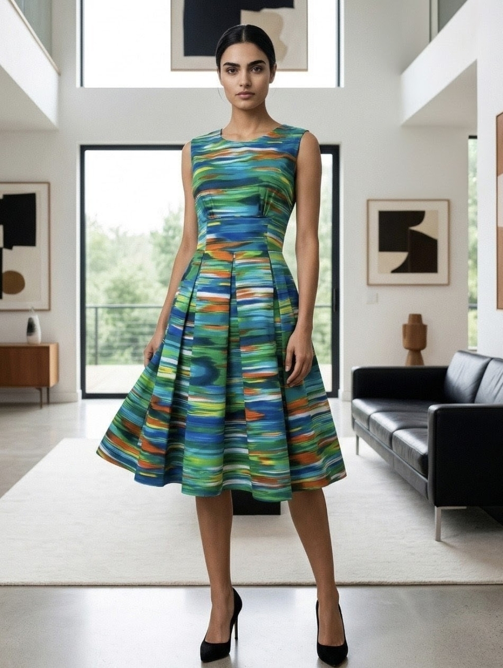 Sleeveless Fit-and-Flare Multicolor Print Dress - Green & Blue